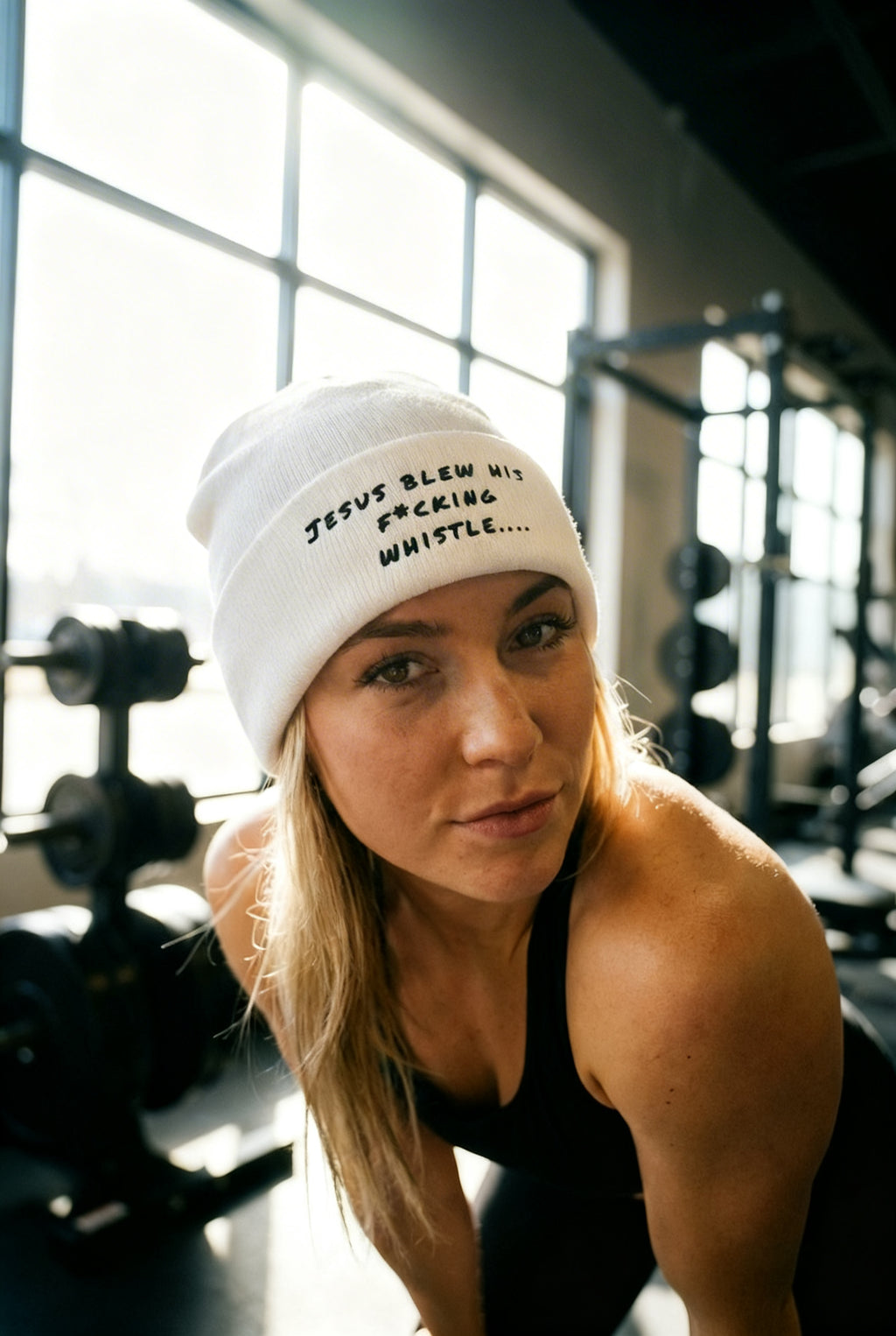 Jesus Gym Beanie – Breathable Cotton Blend Embroidered Beanie in White